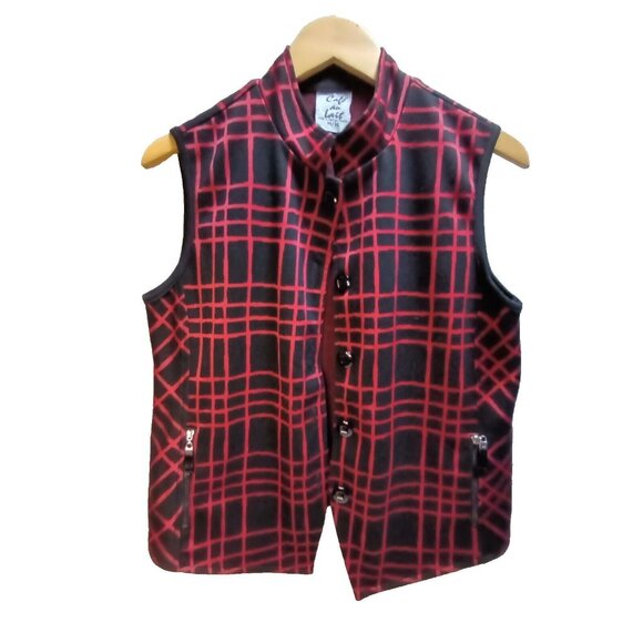 Cafe Au Lait Womens Button Front Black/Red Plaid Vest Medium Zip Pockets Stretch - Picture 1 of 9